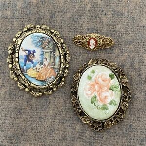 Vintage Gold Brooch Set with Floral and Cameo Designs